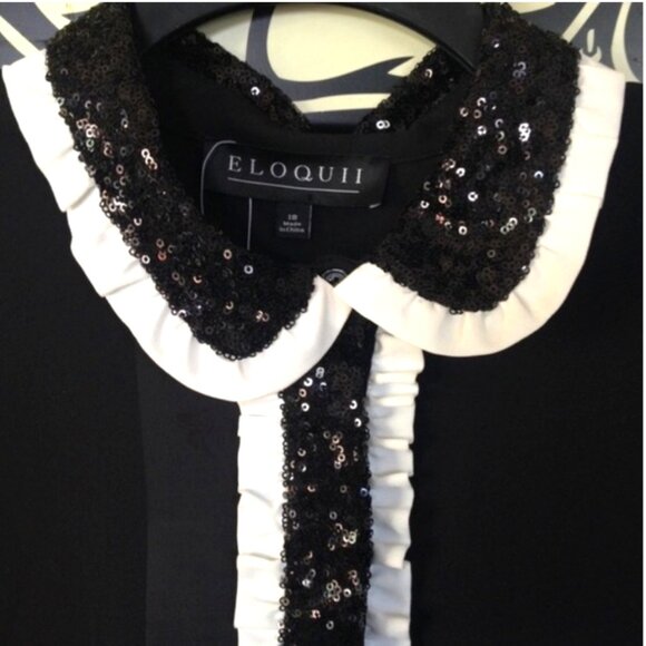 ELOQUII Studio Black and White Ruffle Sequin Tuxedo Button-Down TOP SZ. 16 - Picture 4 of 11